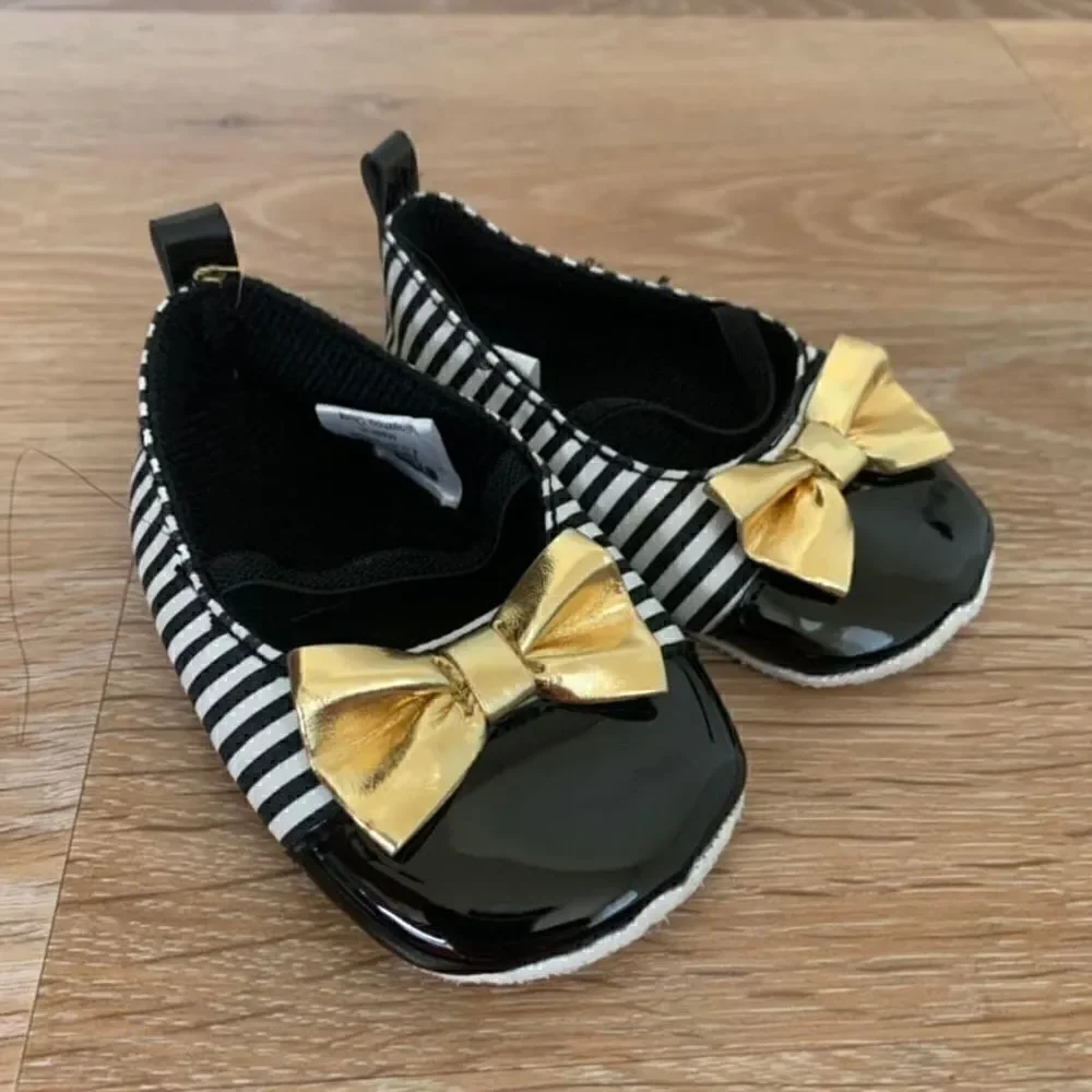 HB 6-12 Months Black Striped Patent Gold Bow Baby Girl Shoes
